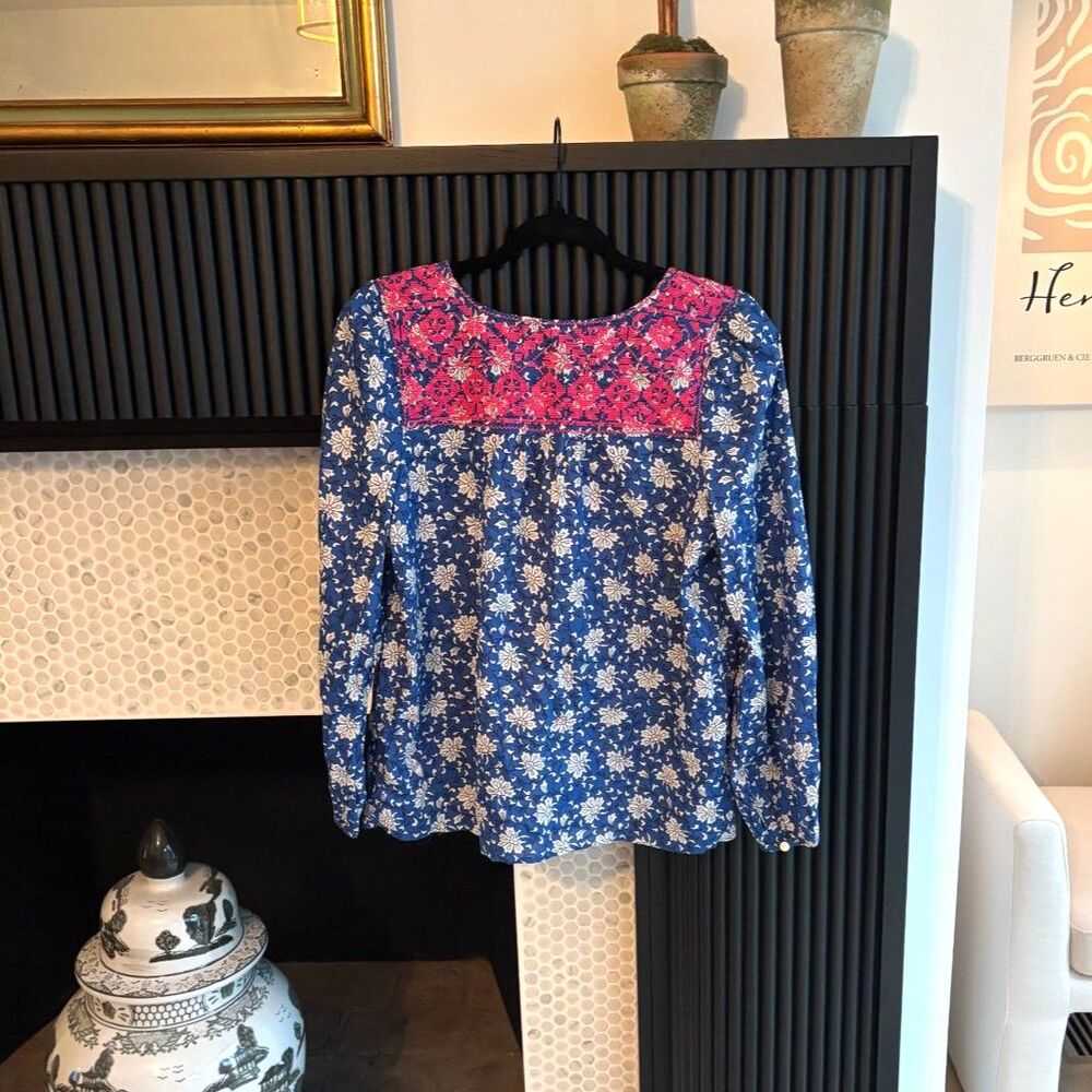 J.Crew Starina Blue White Floral Embroidered Tassel Boho Blouse Top Size XS - Picture 3 of 5